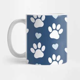 Pattern Of Paws, Dog Paws, White Paws, Blue Hearts Mug